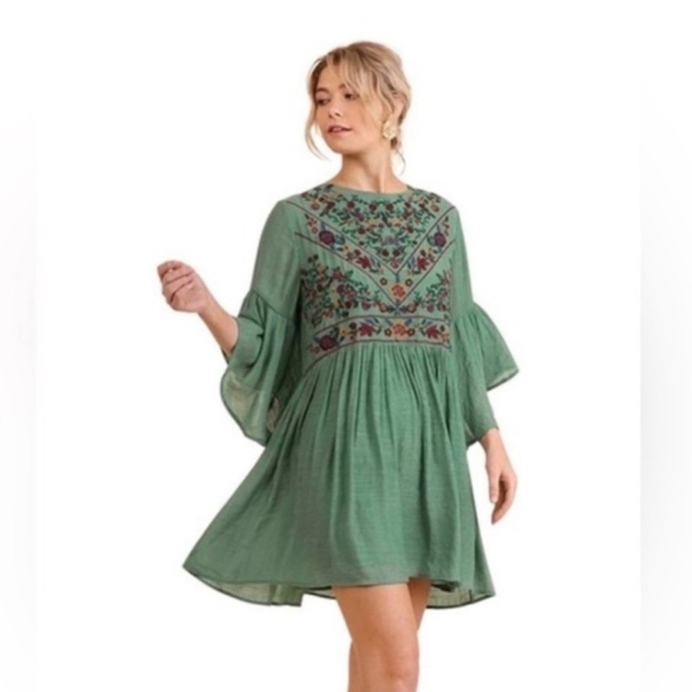 Umgee Green Embroidered Boho Swing Dress